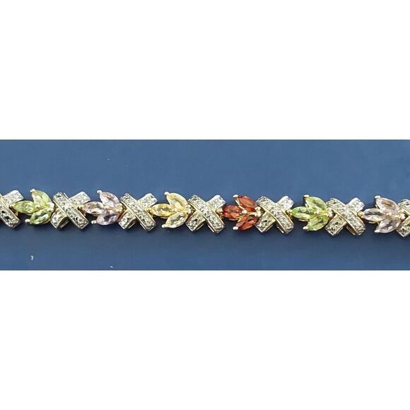 Gorgeous 18K/925SS "XO" Diamond Accent Multi-Gemstone Tennis Bracelet - Picture 3 of 4